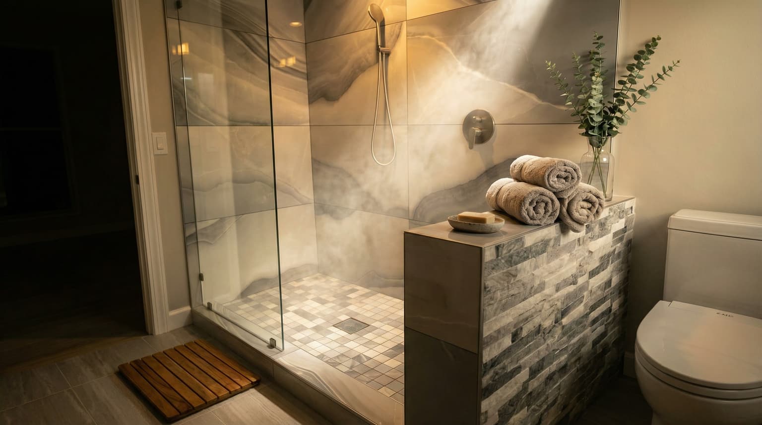 Glass shower enclosure and tile installation by ShineTile Seattle