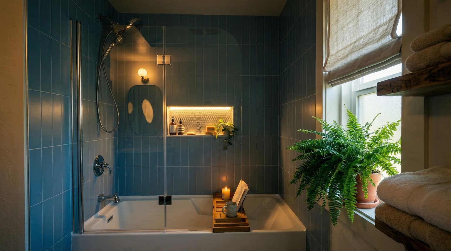 Blue tile shower installation by ShineTile